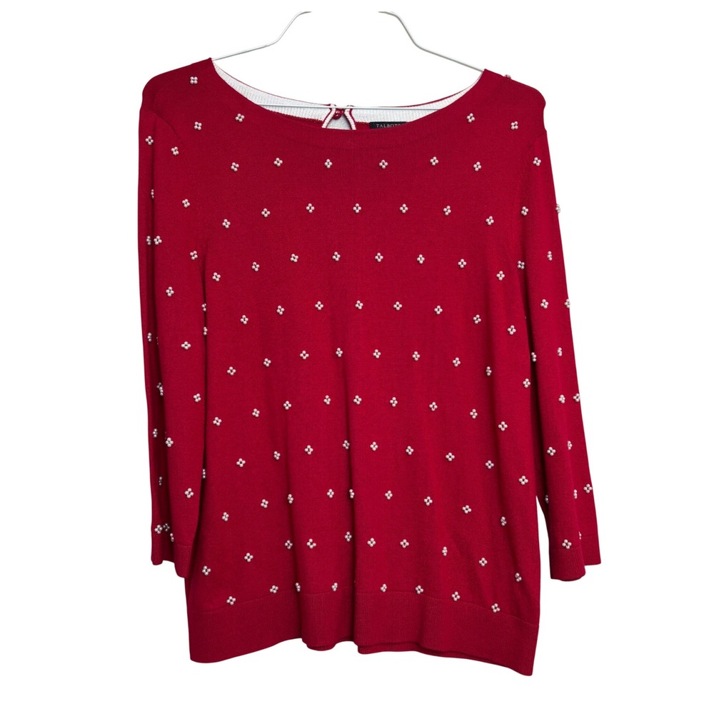 Talbots Pearl Polka Dot Sweater‎ Womens XLP Red Cute Coquette Feminine Preppy